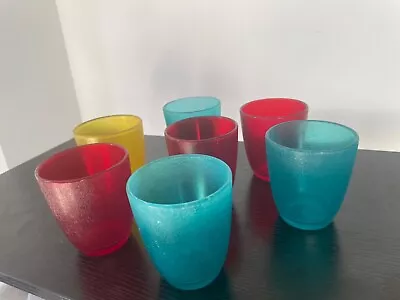 Vintage HJ Stotter Ind. Acrylic Juice Glasses Red Yellow Teal • $17.99