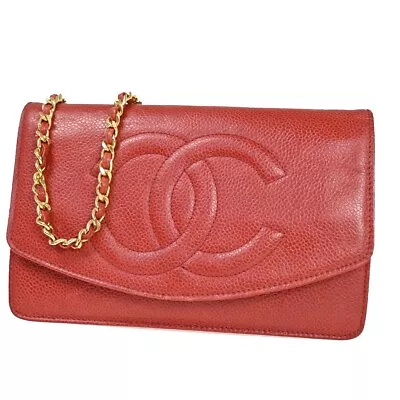 CHANEL CC Logo Chain Shoulder Bag Bifold Wallet Caviar Skin Leather Red 671RJ655 • $1580