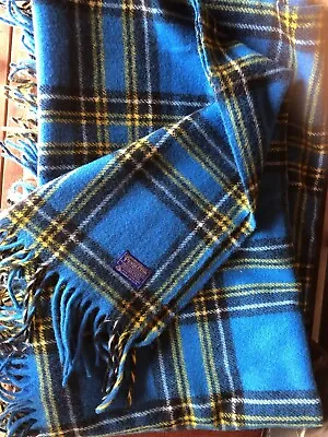 Vtg Pendleton Fringed Throw Stadium Blanket Blue Plaid 100%Virgin Wool 52x67 USA • $82.99