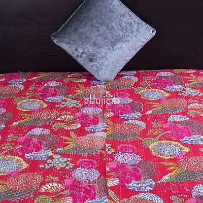 ⭐Floral Kantha Quilt Handmade Cotton Reversible Gudari Throw Bedspread Settee • £29.99