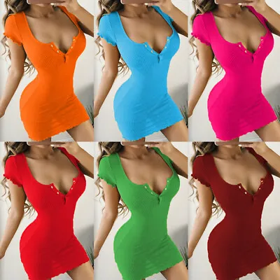 $3.92 • Buy Sexy Women Buttons V-Neck Bodycon Mini Dress Short Sleeve Dresses Party Clubwear