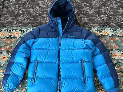 Marmot 700 Fill Duck Down Puffer Jacket Youth XL Full Zip Hooded Pockets Blue • $59