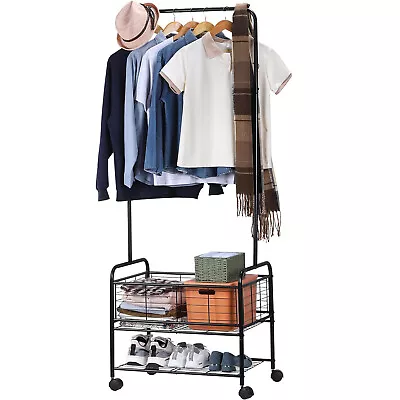 Metal Wire Laundry Basket Cart W/Hanger Rack Trolley Grocery 4 Wheels Household • $45.99