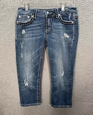 Miss Me Jeans Womens 30 Blue Irene Capri Thick Stitch Distressed Rockabilly • $19.88