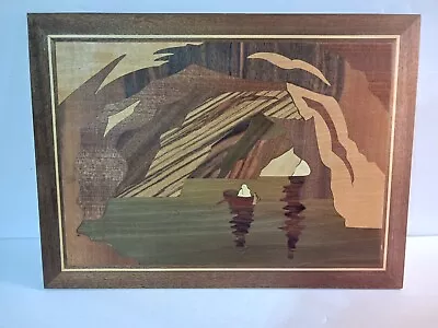 Vintage Marquetry Wood Inlay Mountains Lake Nature Scene Handmade Decor Picture • $24.99