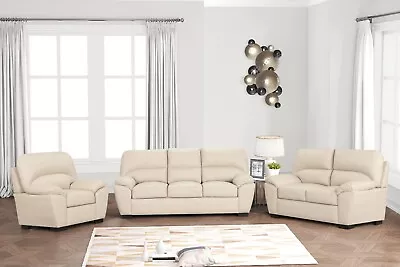 NEW Beige 3PC Sofa Loveseat Chair Leather Gel Cream Modern Living Room Couch Set • $1429.99