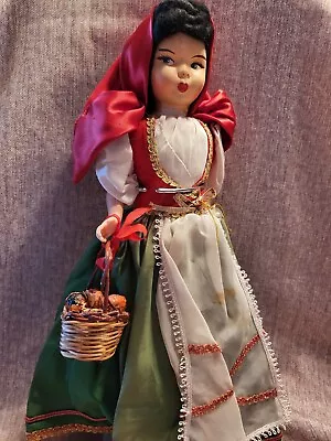 Vintage Italian Olive Girl Doll With Black Hair Blue Eyes Red Hood And Basket • $9.99