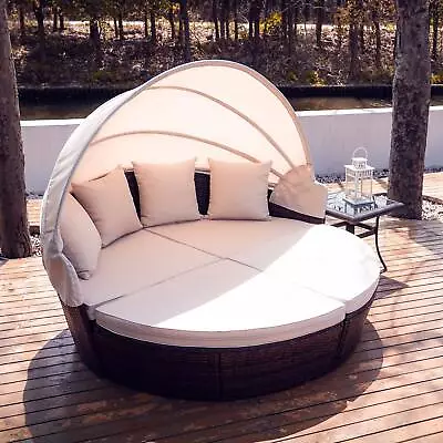 4-Piece Round Garden Daybed With Waterproof Cover Retractable Canopy More Tan • £399.99
