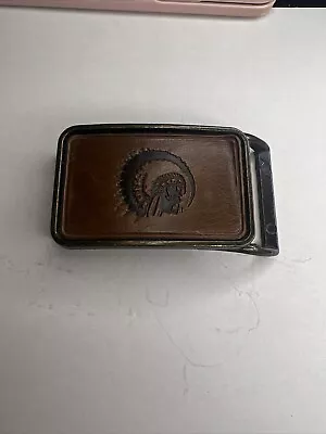 Brown Patch Leather Metal Belt Buckle Vintage Stamped Native American • $8.57