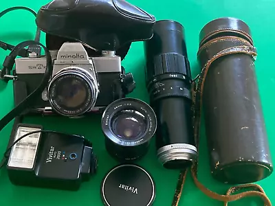 Bundle 35mm Minolta SRT 101 Vivitar Flash Vivitar Wide Angle Lens Telephoto • $71