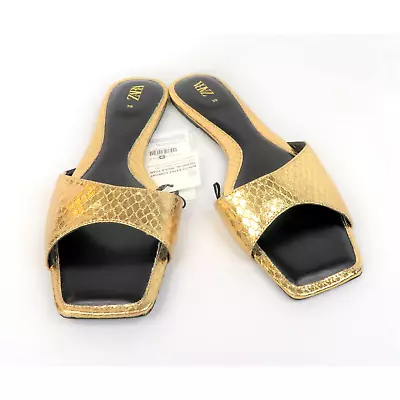 NWT Gold ZARA Snake Embossed Faux Leather Slip On Flat Sandals Sz 8 EU 39 • $33
