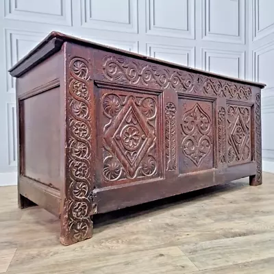 Antique Oak Mule Chest 17th Century Carved Panel Blanket Box Trunk Coffer • £649.99