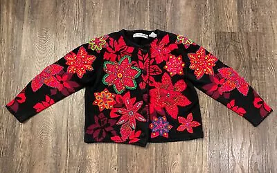 Vintage 90s 1994 Michael Simon Christmas Poinsettia Sweater L Large  Size 2 EUC • $199