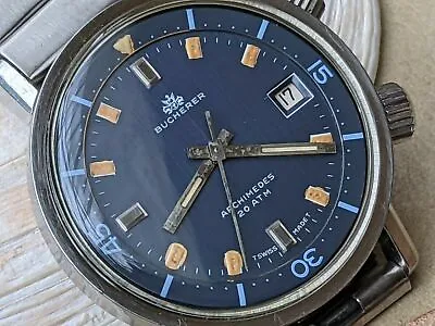 Vintage Bucherer Archimedes 20 ATM Super-Compressor Diver W/Blue DialServiced • $2195