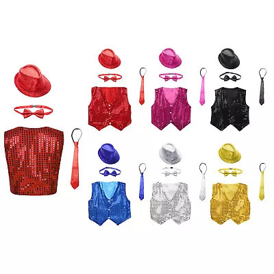 UK Kids Boys Glittery Sparkling Vest Top Waistcoat With Hat + Bow Choir Costume • £7.49