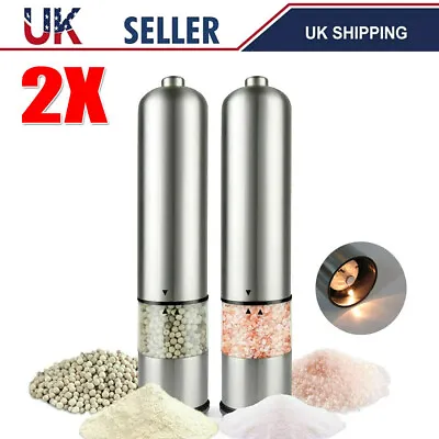 2X Electric Salt Pepper Grinder Set Stainless Steel Operated LED Light Battery • £10.79