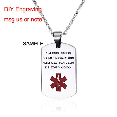 Silver Women Men Personalized Medical Alert ID Pendant Necklace Laser Engraving • $4.99