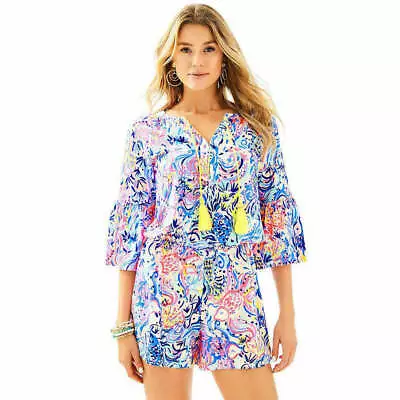  Lilly Pulitzer Del Lago Romper Dress Printed Flounce Sleeve Tassel XS 230750 • $24.96