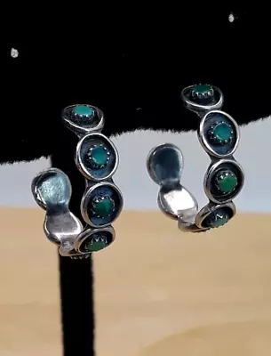 Vtg Native American Turquoise / Sterling Silver 5mm Wide Hoop Earrings 3/4  • $37.99