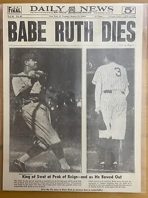 Vintage Newspaper Headline~baseball Yanks King Of Swat Dies Babe Ruth Death 1948 • $14.49