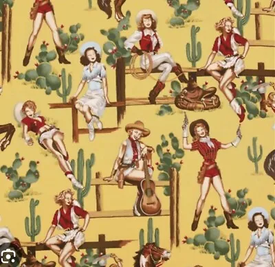 Alexander Henry Fabric Vintage Pin Up Cowgirls- FROM THE HIP Yellow BTY- Western • $13.50