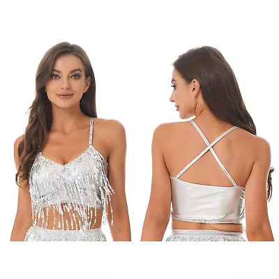 £13.29 • Buy Women Belly Dance Crop Top Shiny Sequin V Neck Backless Fringed Bra Tops Vest