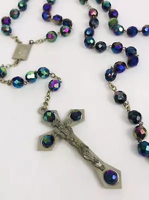 Vintage Blue Carnival Glass Bead Rosary Crucifix Necklace 1983 Italy 28  • $19