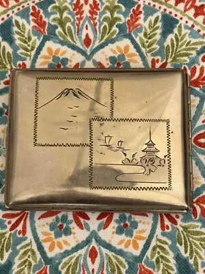 Vintage Metal Cigarette Case Etched Mt. Fuji & Japan Pagoda Hand Painted • $5.99