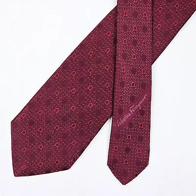 Salvatore Ferragamo Tie Necktie Gancini Logo & Polka Dot On Dark Red Woven • $45