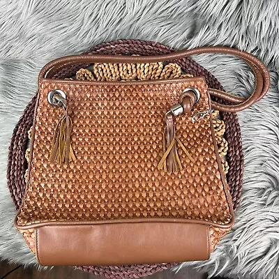 VTG Charles Calfun Brown Camel Genuine Leather Woven Fringe Purse Shoulder Bag • $35.96