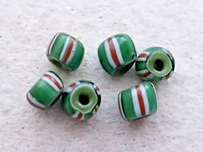 Antique 6 Pcs Venetian  Green  W/ Layers Of White & Red Chevron Glass Trade Bead • $7.35