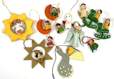 Vintage Hand Painted Wooden Christmas Ornaments Angels Moon Star Instrument Lot • $32