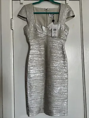 HERVE LEGER Metallic Gray Silver Foil Knit Crisscross Bodycon Bandage Dress Sz M • $315