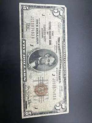 1929 $5 National Currency Note Five Dollar Bill Kansas City Missouri #J01687483A • $54.99