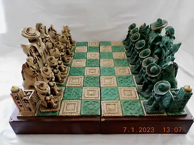Rare Older Mexican Chess Board & Storage With 32 Pieces Sombrero Siesta Set 2s22 • $150