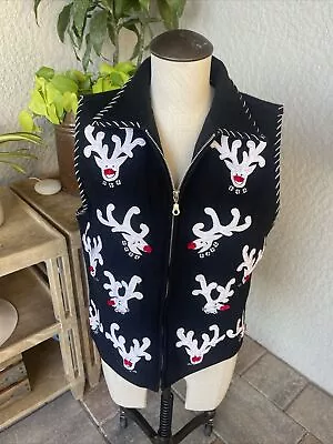 Life Style Women's M Black Christmas Vest Reindeer Appliques Full Zip Wool • $47.68