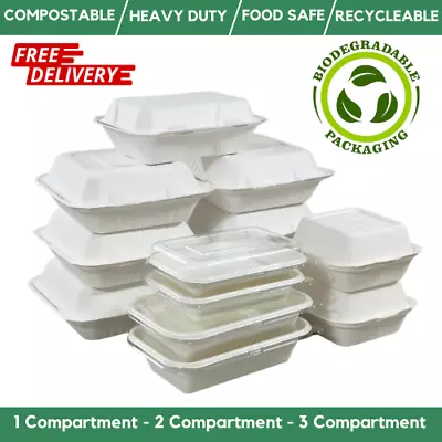 White Bagasse Food Containers Biodegradable Takeaway Containers 100% Compostable • £8.49