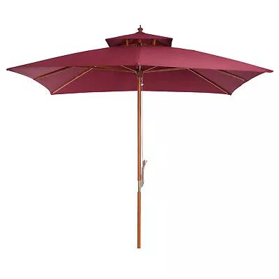 Outsunny 2 Tier 3m Patio Umbrella Bamboo Parasol Sun Shade Wine Red Rope Pulley • £97.95