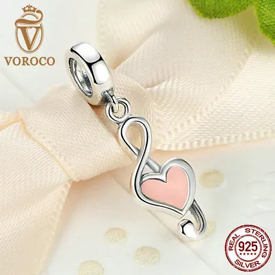 Voroco 925 Sterling Silver Charm Bead Pink Music Note Pendant For Bracelet Chain • $9.30