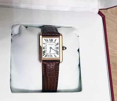 Cartier Tank Silver Women's Watch Small Rose Gold Quartz Brown Leather W5200024 • $1350