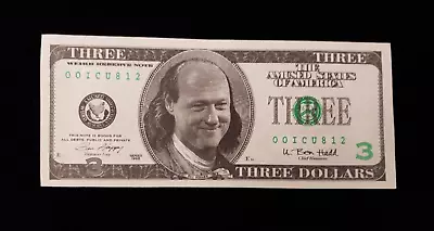 1996 President BILL CLINTON  $3 DOLLAR BILL  NOVELTY Play On Ben Franklin FUNNY • $3