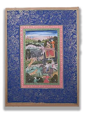 Mughal King Hunting Tiger At Forest Miniature Painting With Gold Border • $299.99