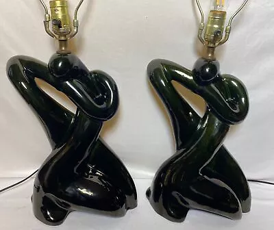 Vintage Pair Of Mid Century Ceramic Table Lamps Abstract Freeform Figures Black • $169