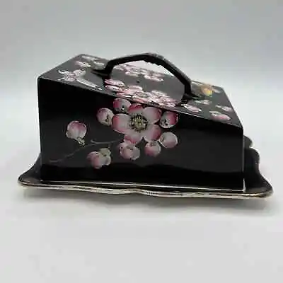 $54.99 • Buy Vtg Black Pink Porcelain Cheese Keeper Dogwood Flowers Butterflies Hand Painted