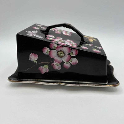 $54.99 • Buy Vtg Black Pink Porcelain Cheese Keeper Dogwood Flowers Butterflies Hand Painted