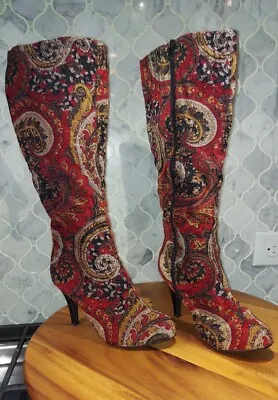 Vintage 90s Y2K 2000s Paisley Red Orange Heel Boots Retro 60s Glitter Size 6.5 • $19.42