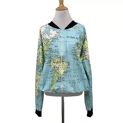 Vintage Ty Breakers Jacket Mens L Large Globe World Map Full Zip Crepe Bomber • $49.94