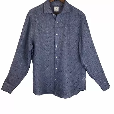 Baird McNutt Murano Mens Linen Shirt Large Blue Geometric Long Sleeve Button Up • $44.95