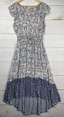 Lucky Brand Maxi Dress Sz S Blue Pink Floral Boho High Low Button Up Rayon Smock • $29.99