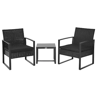 Outsunny 3 Pieces Rattan Patio Bistro Set 2 Chairs Coffee Side Table Set Black • £104.99